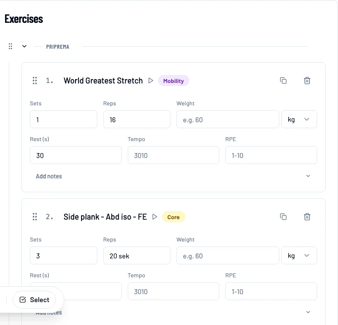 Session builder with an exercise's sets, reps, weight, rest, tempo and RPE