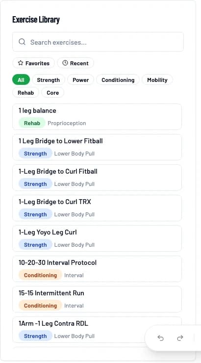 Exercise library filtered by category