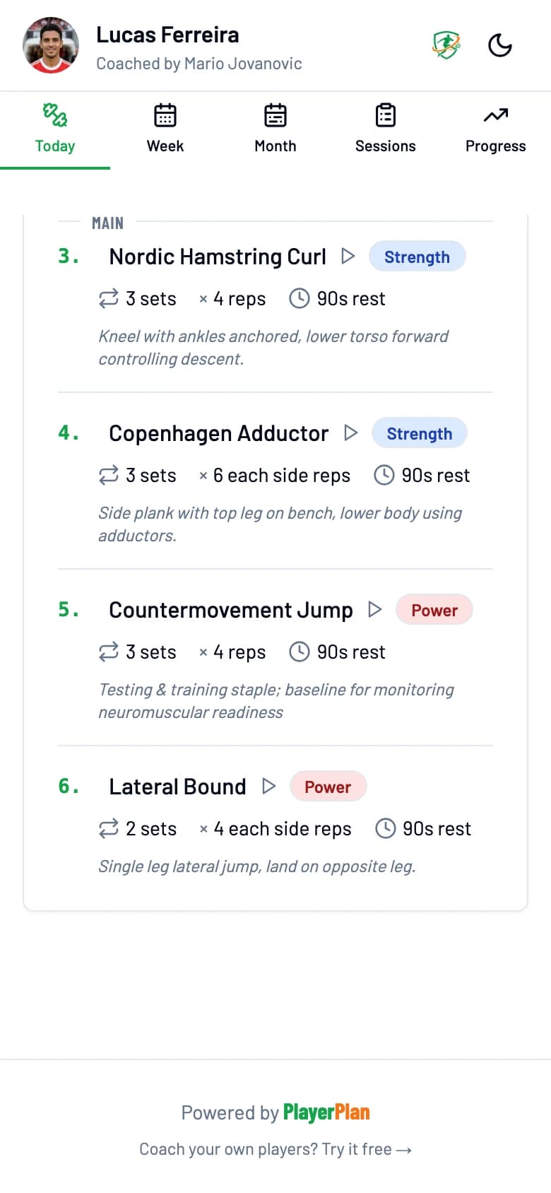 Lucas Ferreira's player view: today's main block — goblet squat, Romanian deadlift, Bulgarian split squat and Nordic curls, each with sets, reps, load and rest