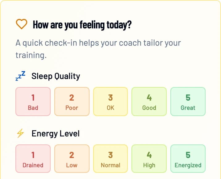 The player's daily check-in: how they slept and their energy level, each scored 1 to 5