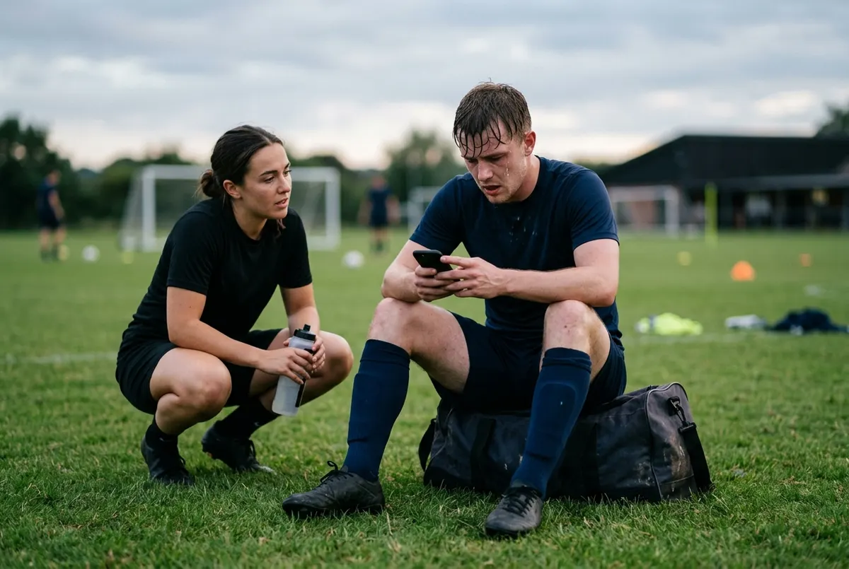 Straight after training, a sweaty 23-year-old male footballer sits on a kit bag on the grass and taps a rating into his phone while an S&C coach crouches beside him holding a water bottle