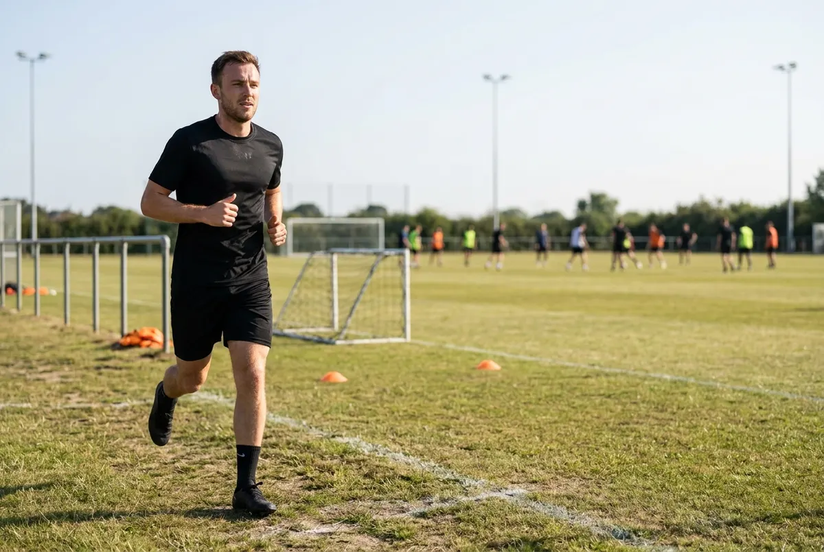 A 26-year-old male footballer runs an easy, controlled tempo run alone along the touchline of an empty training pitch, while the squad does a small-sided game in the far background