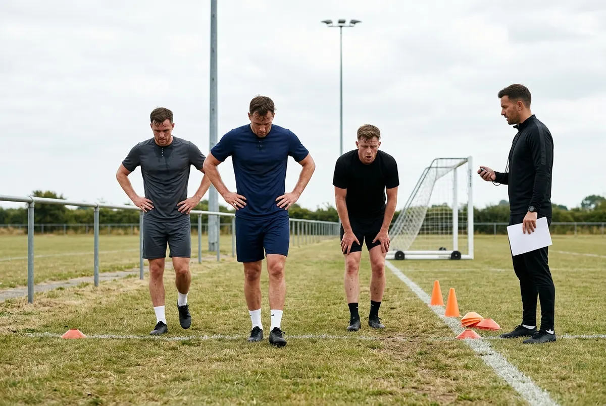 Between sprint reps, three adult footballers walk back to the start line, hands on hips, breathing hard, while an S&C coach holds a stopwatch at the cone line