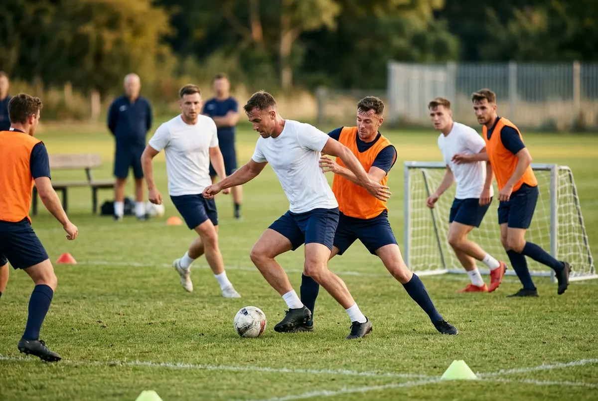 A fast, intense 4 v 4 small-sided game inside a small coned grid with mini-goals at each end, adult players pressing hard