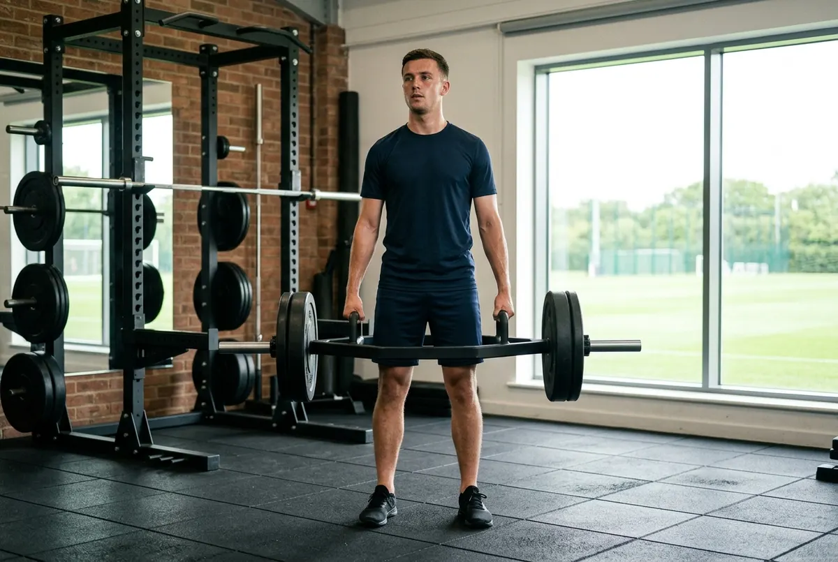 In a bright, simple club gym, a 22-year-old male footballer performs a trap-bar deadlift at lockout