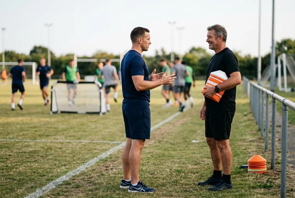On the touchline before training, an independent S&C coach and a club head coach in his 50s talk face to face, the head coach holding a cone stack under his arm