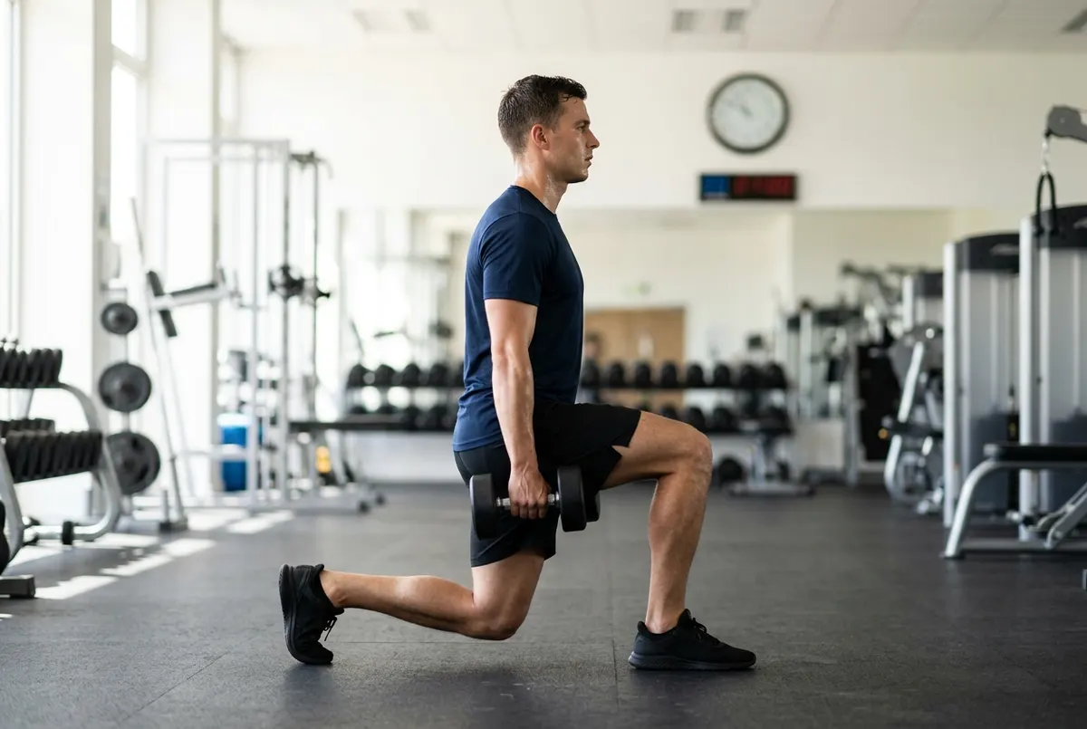 In a quiet club gym, a 25-year-old male footballer performs a single, crisp set of dumbbell split squats, alone, a timer on the wall out of focus