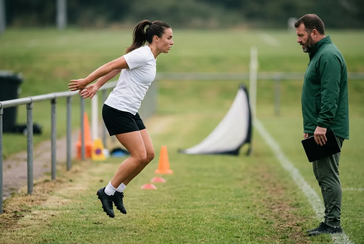 A 24-year-old female footballer with a dark ponytail performs a countermovement jump on a flat patch of grass at the edge of a training pitch, while a stocky bearded male S&C coach in his 50s stands a few metres away with a tablet held low, watching her take-off