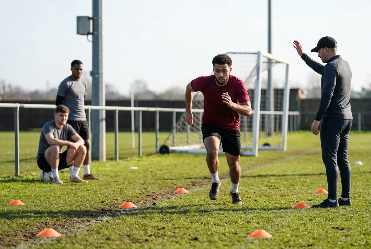 A 21-year-old male footballer with short curly hair accelerates through a marked 20-metre flying-sprint lane on a worn pitch on a bright morning, while an S&C coach in a plain black cap stands beside the end cone with one hand raised to mark the finish line