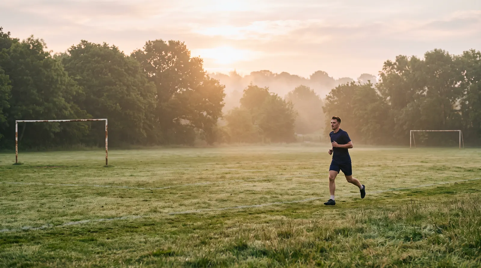 A lone footballer in navy training kit jogs across a misty public park pitch at sunrise, rusted goalposts without nets behind him