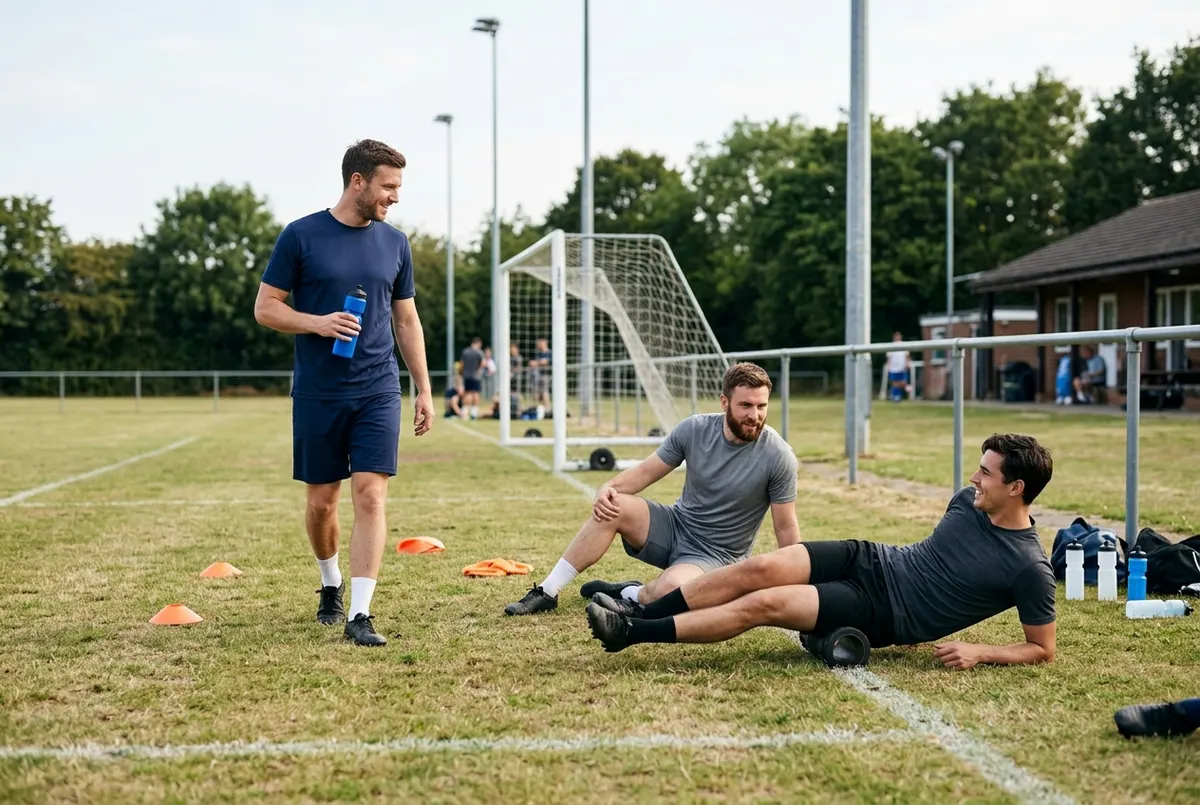 The day after a match, three adult footballers do an easy recovery session on the grass: slow mobility and light foam rolling, relaxed and chatting