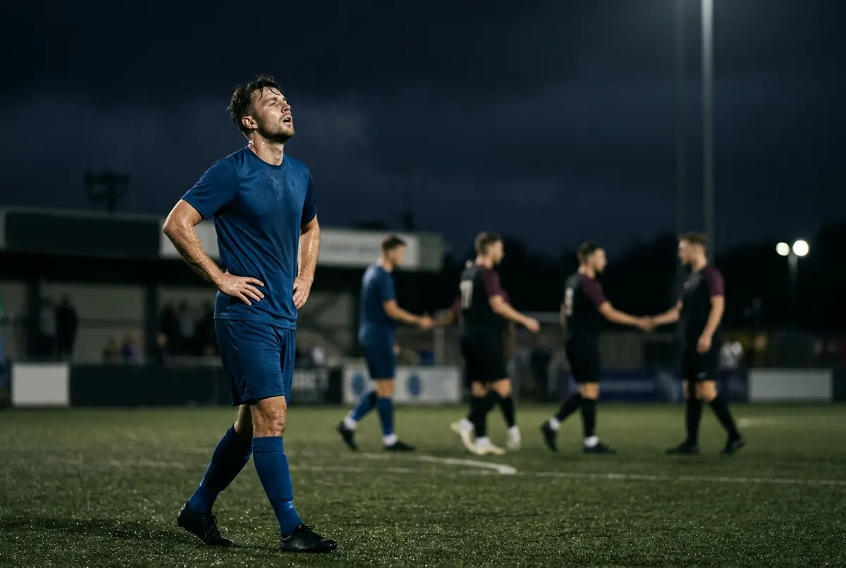 Under floodlights on a midweek night match, a tired 27-year-old male footballer walks off at full time, hands on hips, while teammates shake hands behind him