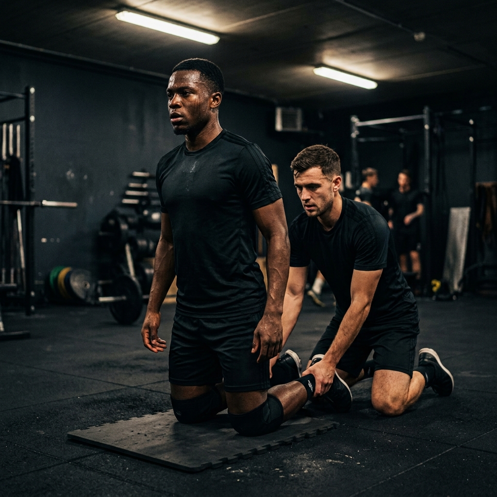 Nordic hamstring exercise start position for football programming — partner-assisted kneeling setup