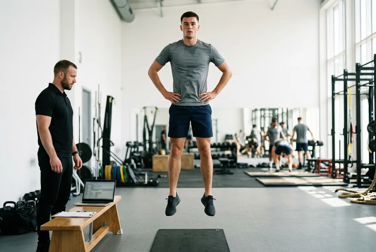 An S&C coach runs a countermovement jump test in a gym with a 21-year-old male footballer standing on a thin jump mat, a laptop on a bench beside it with its screen angled away