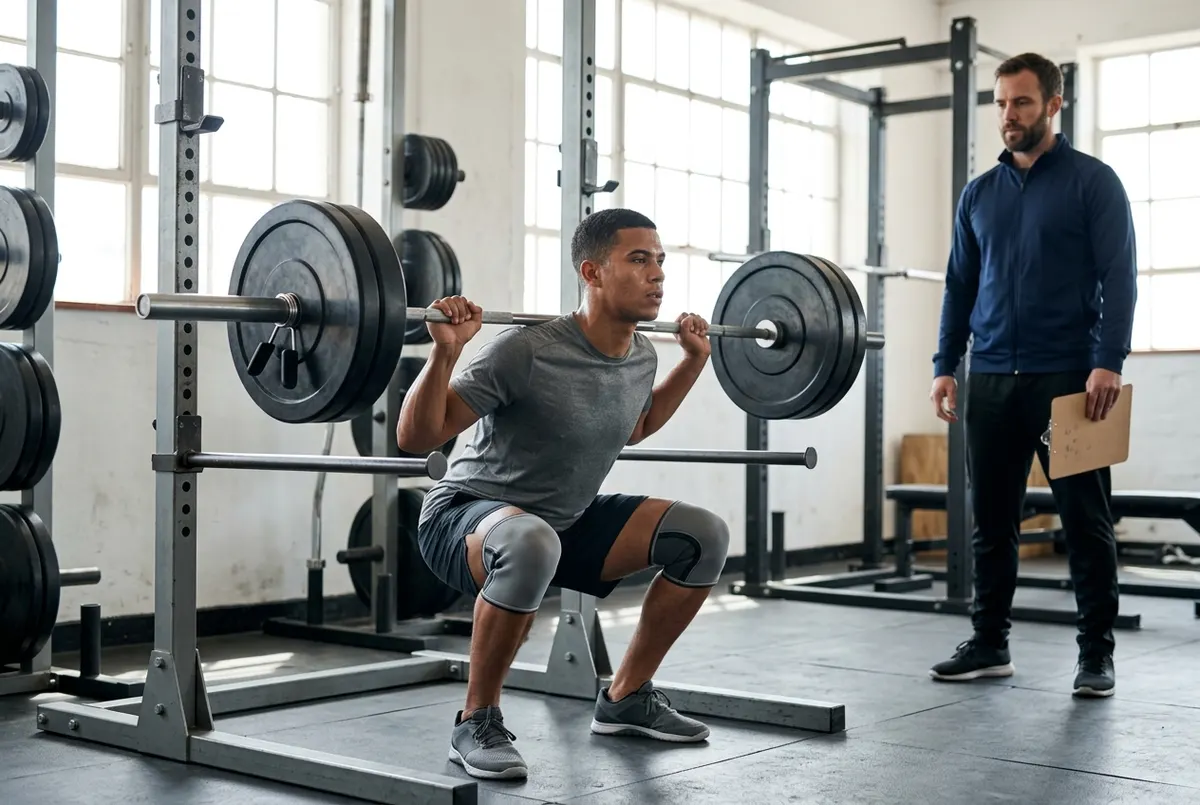 A 22-year-old male footballer performs a heavy back squat in a squat rack with safety bars set, coach standing behind at a respectful distance