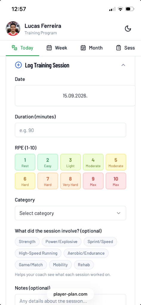 Lucas Ferreira’s PlayerPlan view: Log Training Session with date, duration, RPE 1–10, category, and notes