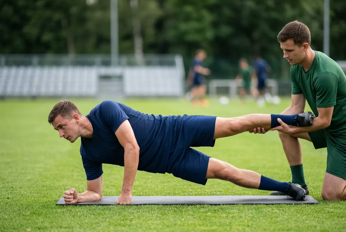 A 24-year-old male footballer performs a Copenhagen adductor plank on the grass, a partner holding his top leg at knee height