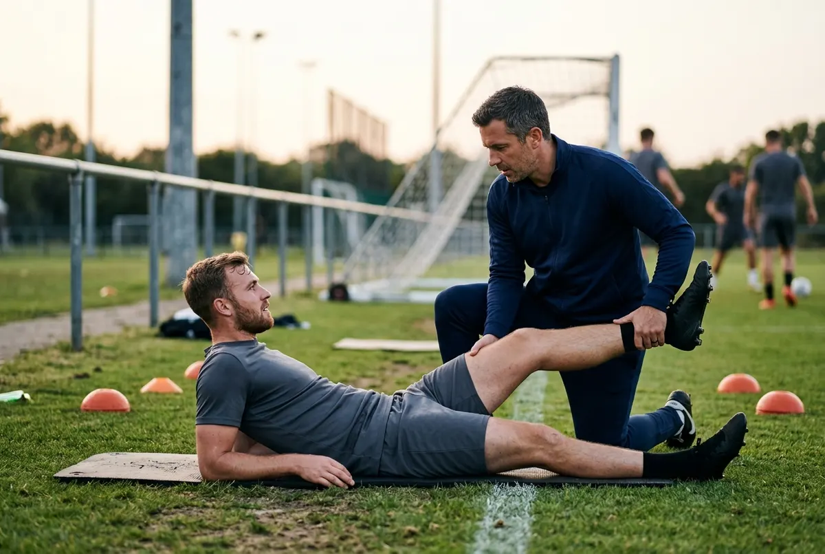 Pitch-side, an S&C coach kneels and checks a 26-year-old male footballer's hamstring with a gentle straight-leg raise while the player lies on a mat