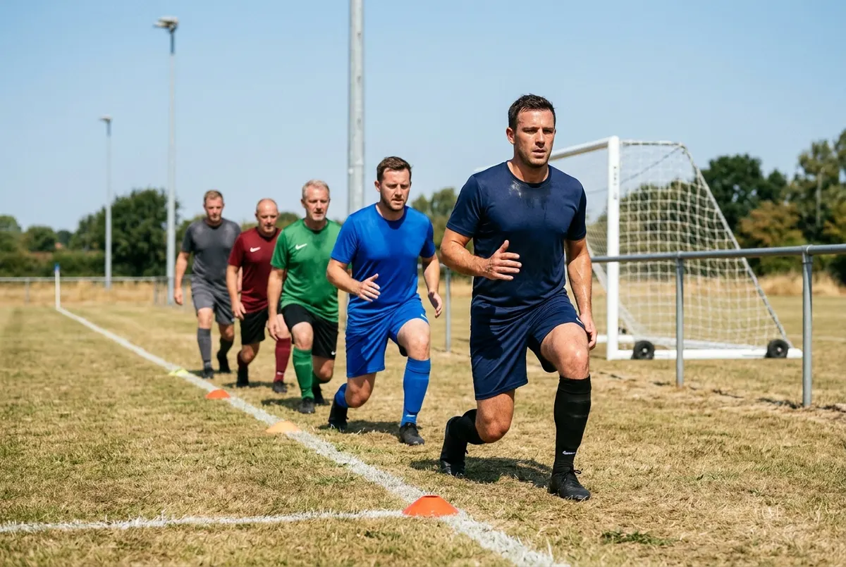 Pre-season in high summer: a line of adult footballers performs walking lunges down the touchline in the heat