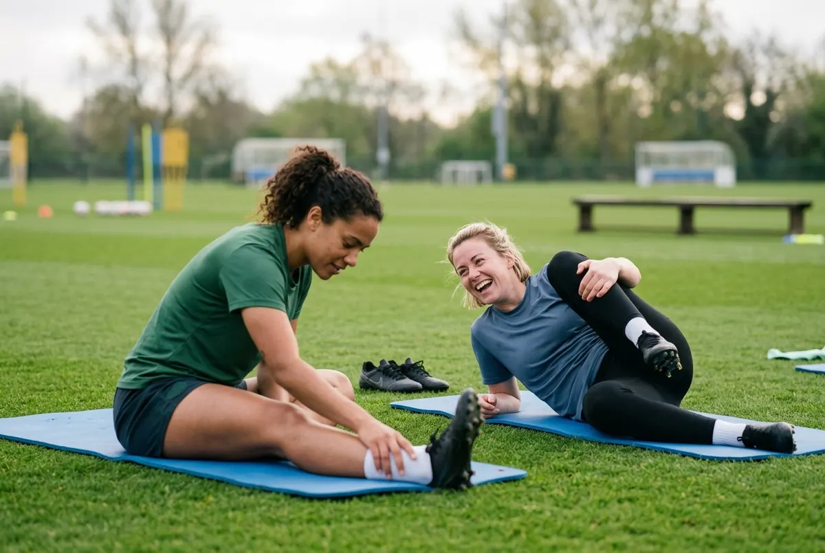 A relaxed light session: two adult footballers do easy mobility work on mats on the grass, one in a deep hip-opener, the other laughing mid-stretch