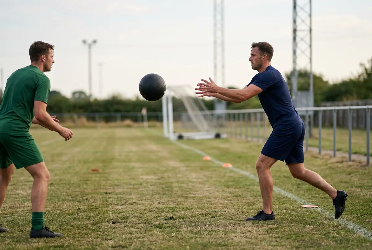 Two adult footballers do a partner medicine-ball rotational throw drill on the grass, one mid-throw