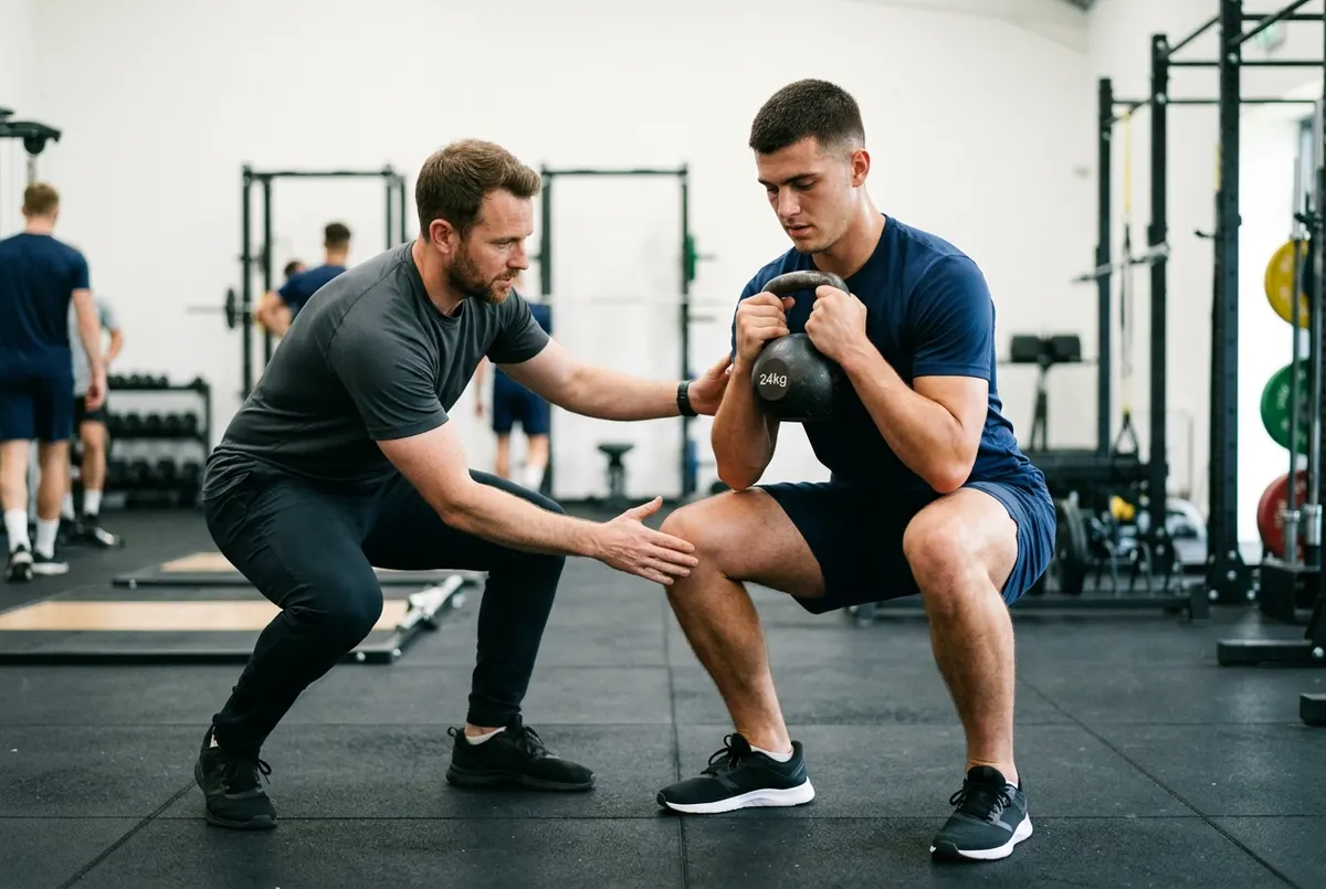 An S&C coach corrects a 21-year-old male footballer's goblet squat, placing a hand lightly near his knee to cue it outward