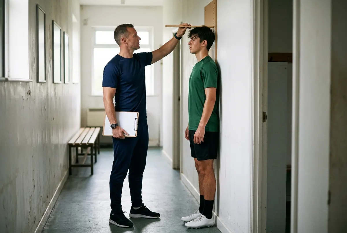 An S&C coach measures an 18-year-old academy player's standing height against a wall-mounted height board in a clubhouse corridor