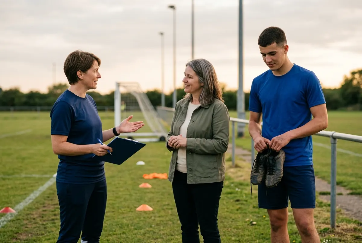 Pitch-side after training, an S&C coach talks with a parent in their 40s while their 18-year-old son stands beside them holding his boots